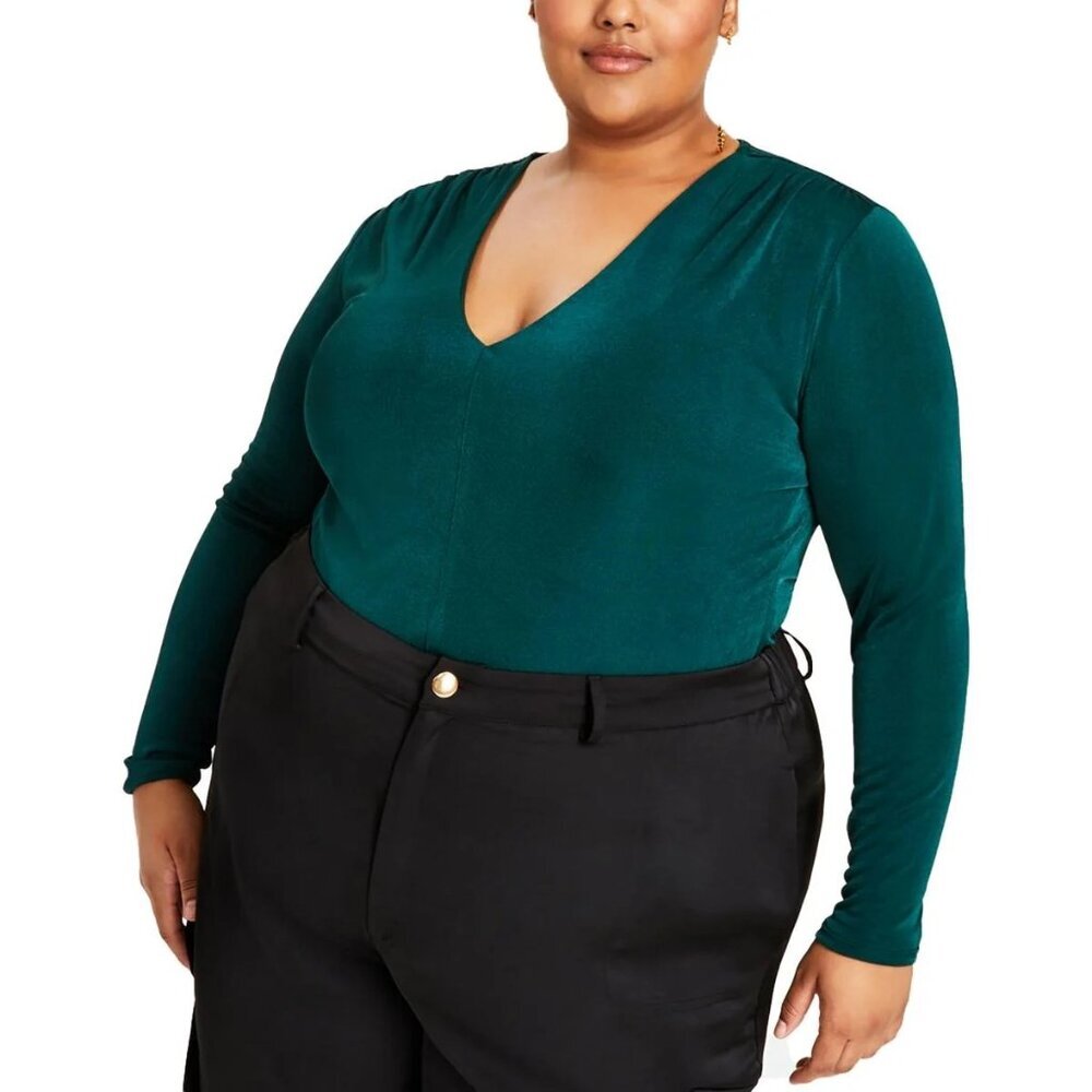 NWT Nina Parker Plus Size Green V-Neck Blouse Long Sleeve 4X